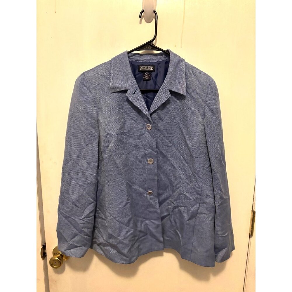 Vintage Lands End Womens 10 Petite Micro Dot Button Up Linen Rayon Blend Blazer